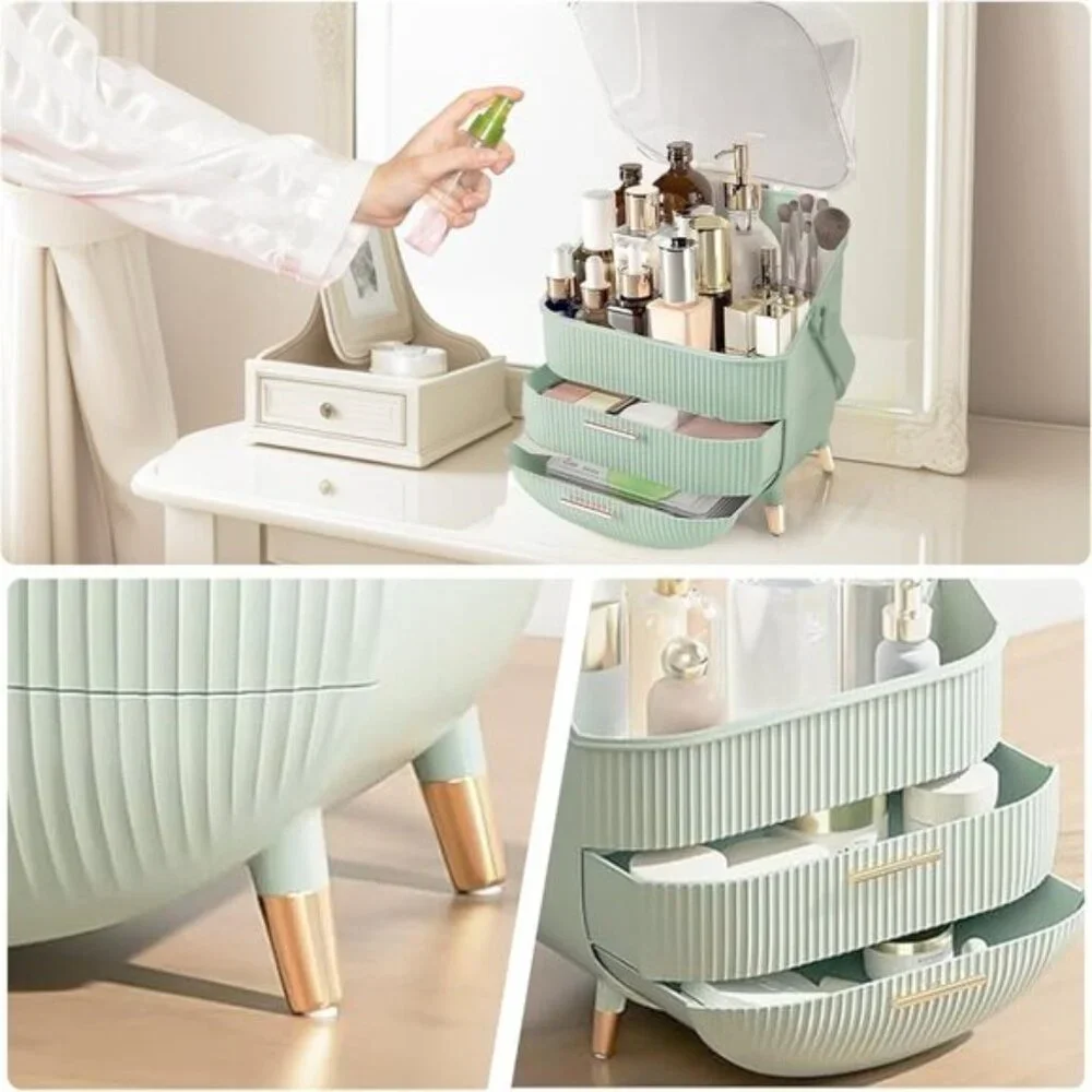 New Light Green Makeup Organizer, Vanity Storage with Lid & Drawers for Skincare